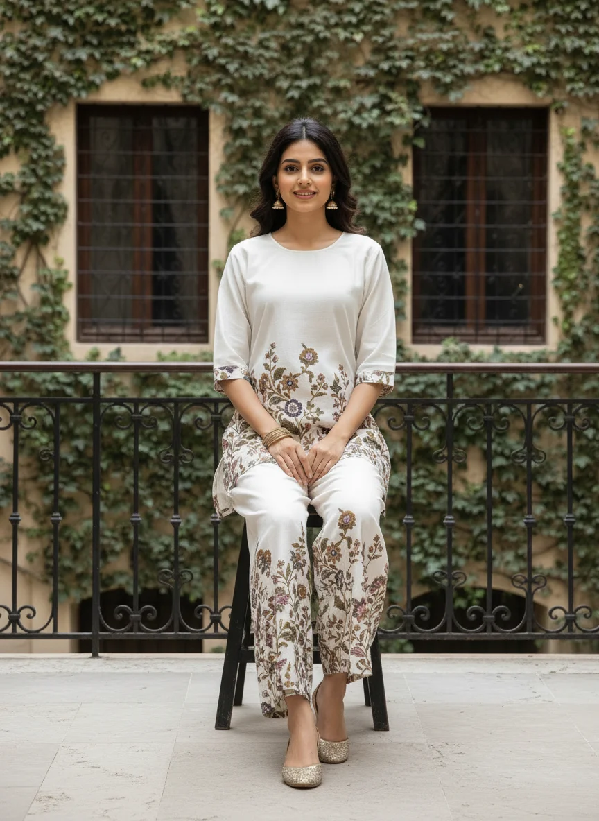 Woman wearing ivory floral printed khadi cotton 2 piece co-ord set with wide-leg bottoms — View 3