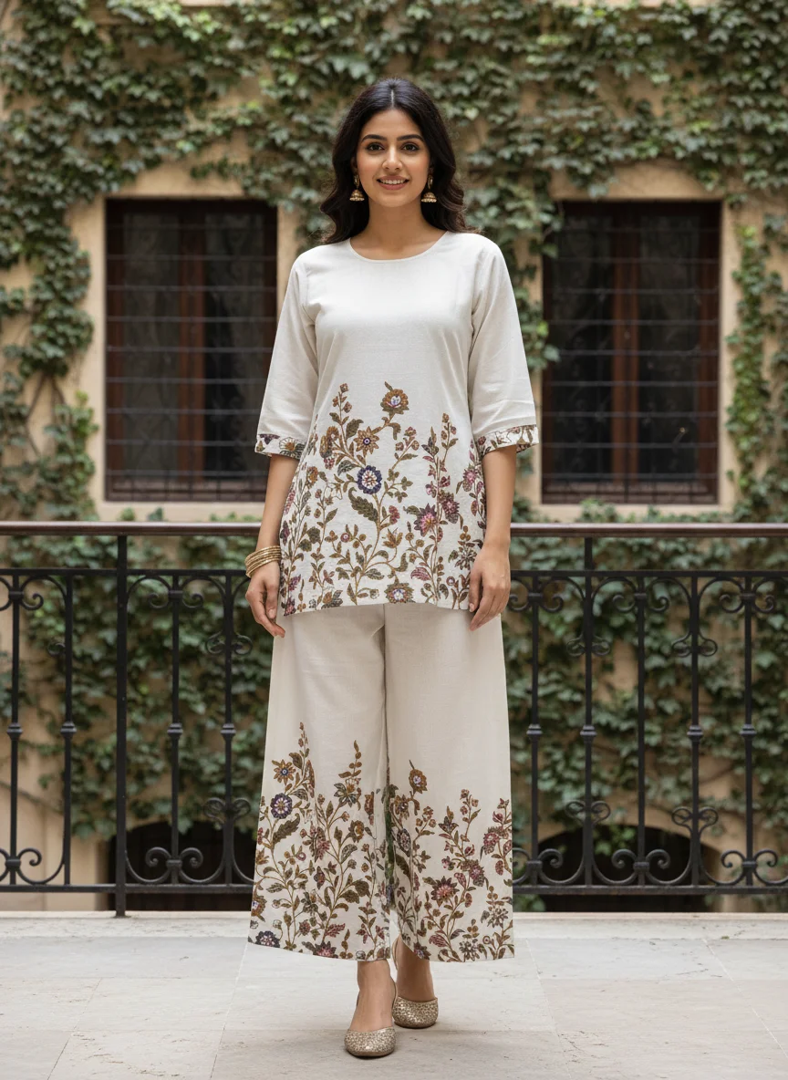 Woman wearing ivory floral printed khadi cotton 2 piece co-ord set with wide-leg bottoms — View 4