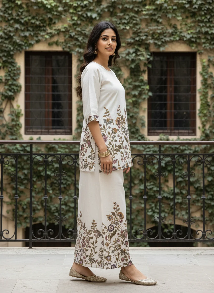Woman wearing ivory floral printed khadi cotton 2 piece co-ord set with wide-leg bottoms — View 5