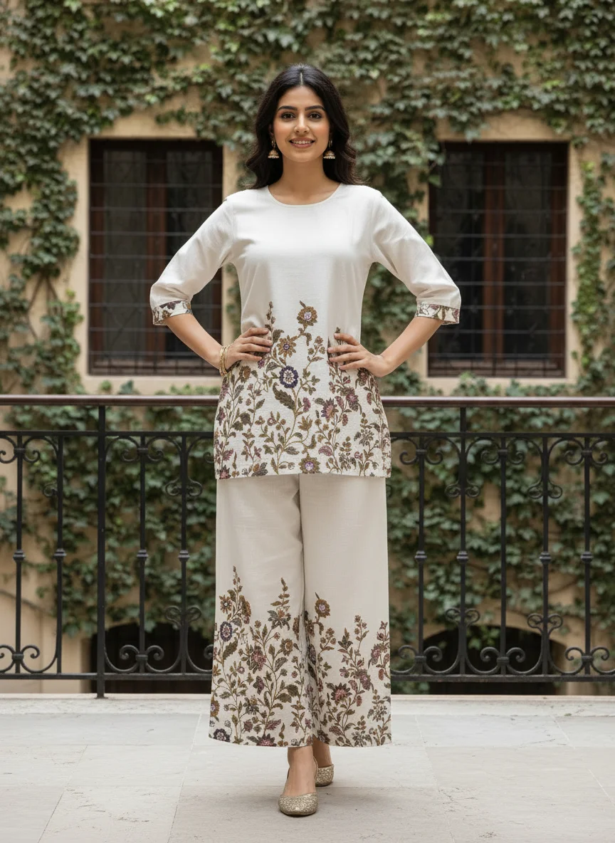 Woman wearing ivory floral printed khadi cotton 2 piece co-ord set with wide-leg bottoms