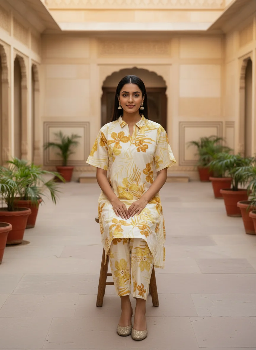 Woman wearing ivory mustard floral printed 2 piece co-ord set — View 2