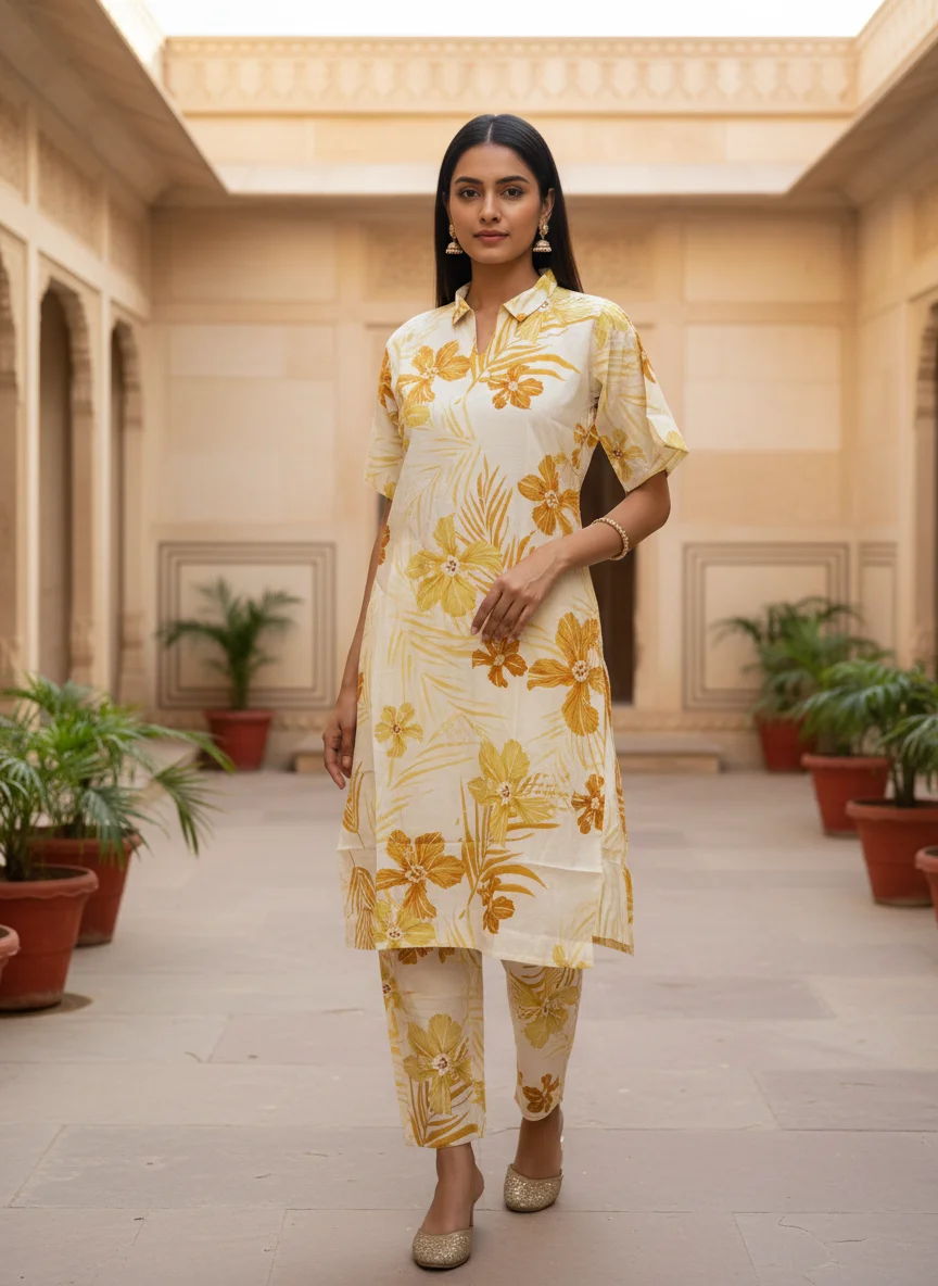 Woman wearing ivory mustard floral printed 2 piece co-ord set — View 3
