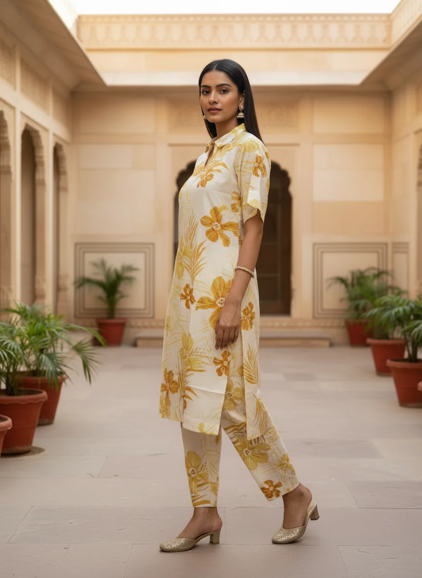 Woman wearing ivory mustard floral printed 2 piece co-ord set — View 4