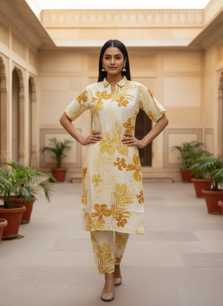 Woman wearing ivory mustard floral printed 2 piece co-ord set