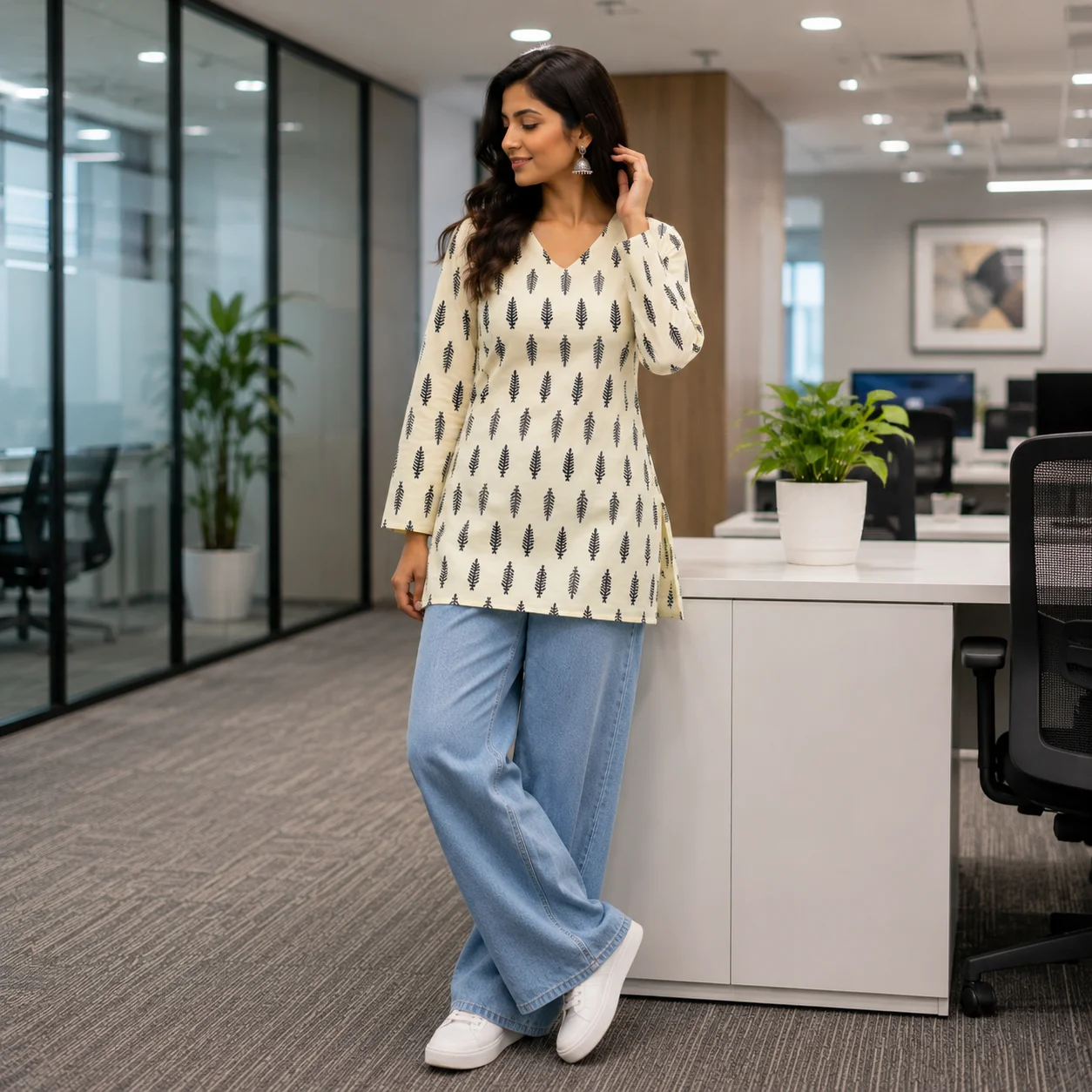 Ivory and black sprig print cotton short kurti with V-neck and long sleeves — View 2
