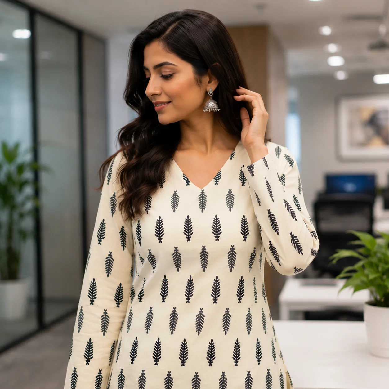 Ivory and black sprig print cotton short kurti with V-neck and long sleeves — View 3