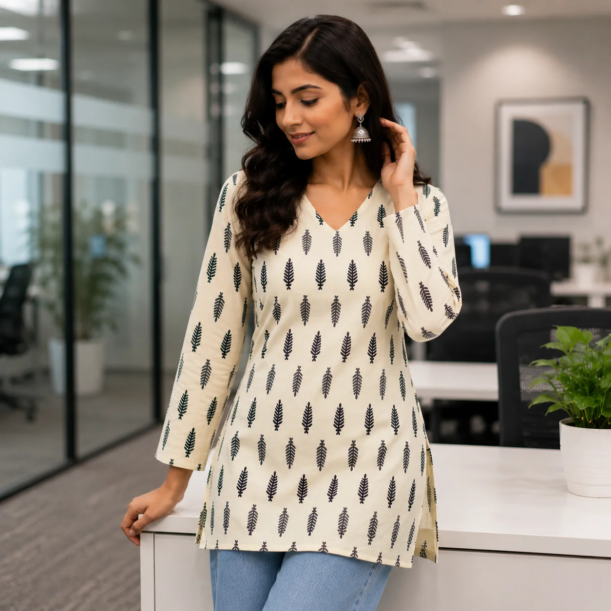 Ivory and black sprig print cotton short kurti with V-neck and long sleeves — View 4