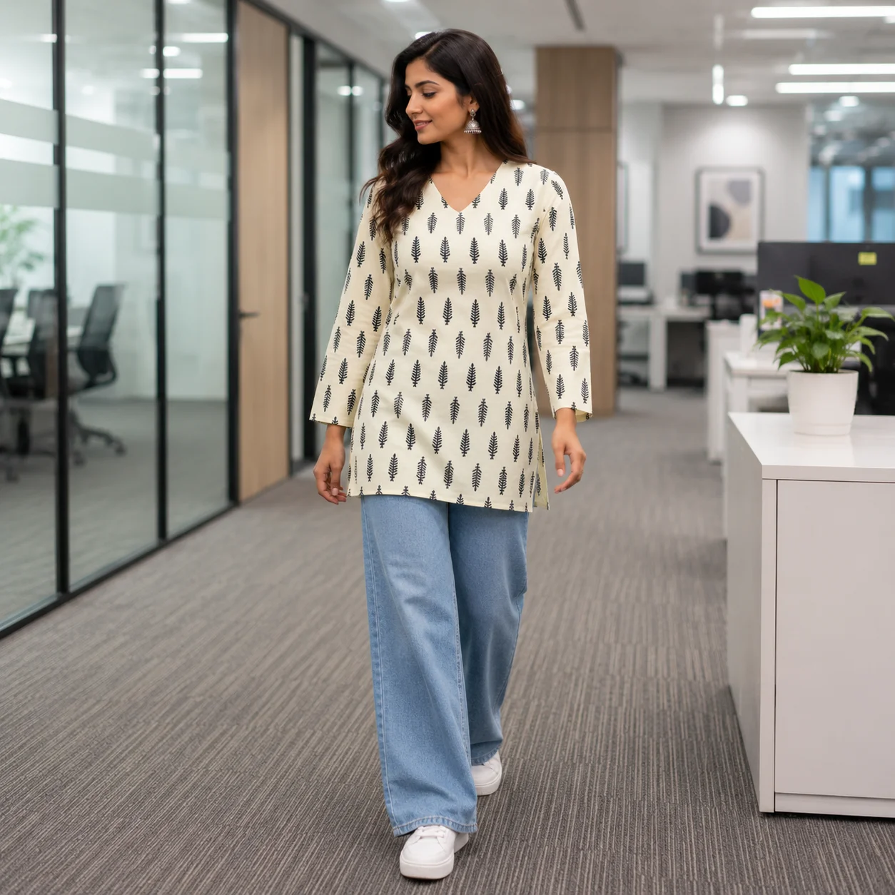 Ivory and black sprig print cotton short kurti with V-neck and long sleeves