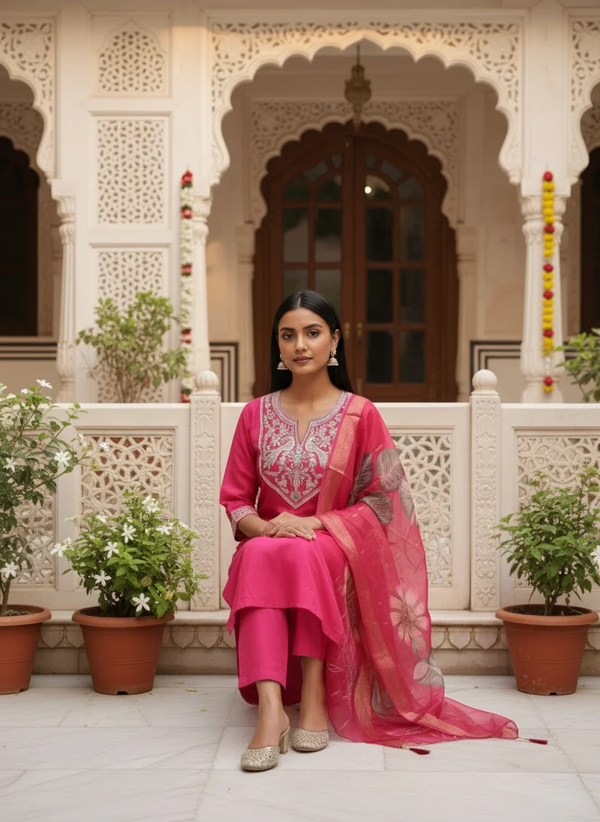 Rani pink embroidered 3 piece kurta set with matching trousers and floral organza dupatta — View 2