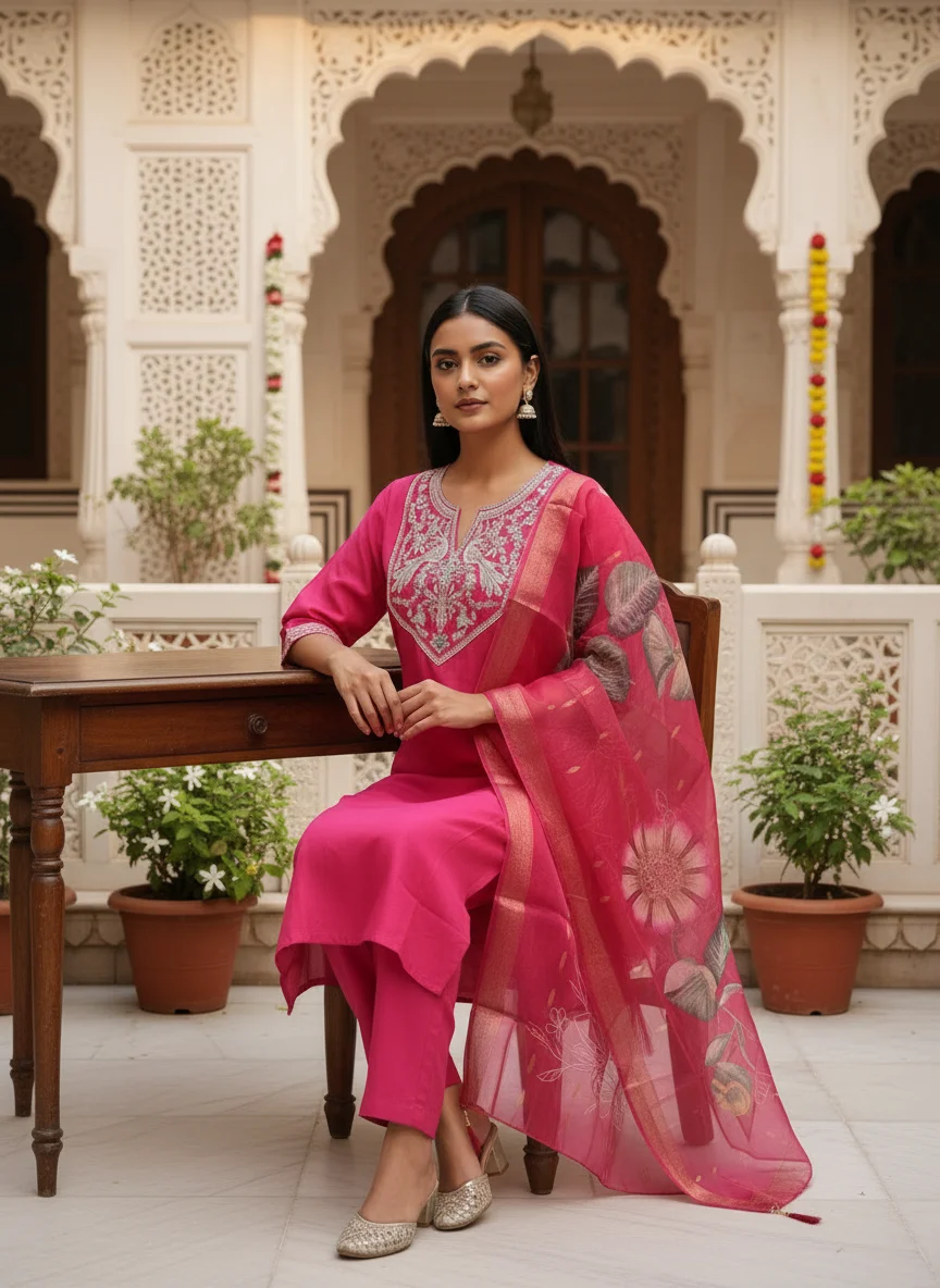 Rani pink embroidered 3 piece kurta set with matching trousers and floral organza dupatta — View 3