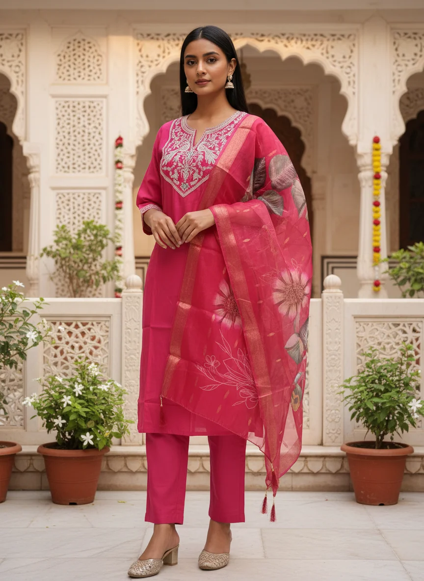 Rani pink embroidered 3 piece kurta set with matching trousers and floral organza dupatta — View 4