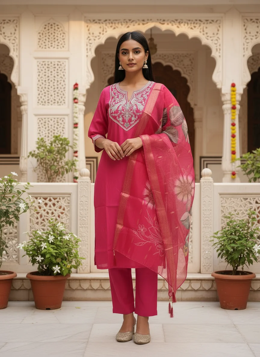 Rani pink embroidered 3 piece kurta set with matching trousers and floral organza dupatta