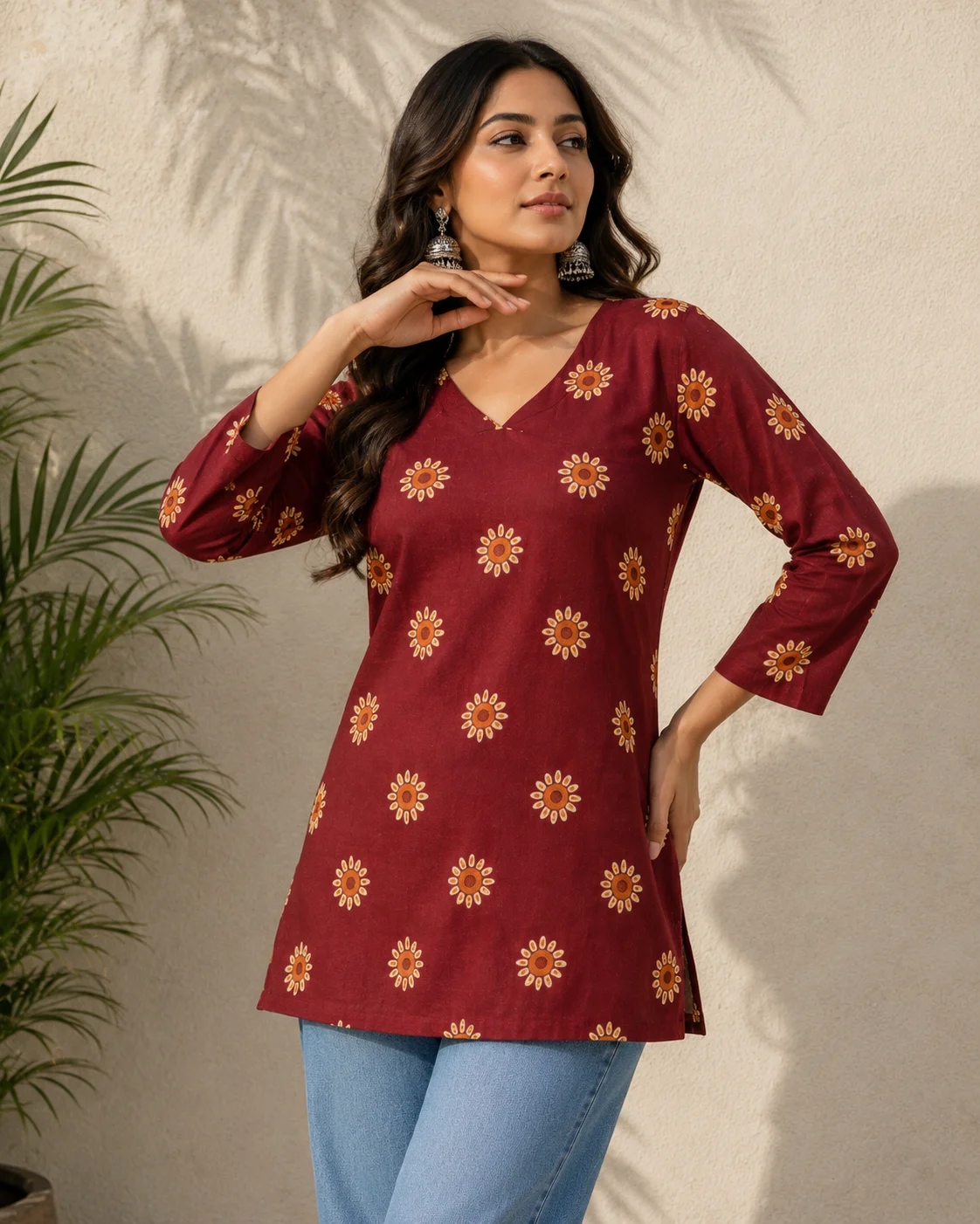 Maroon sunburst print pure cotton short kurti with V-neck and three-quarter sleeves — View 2