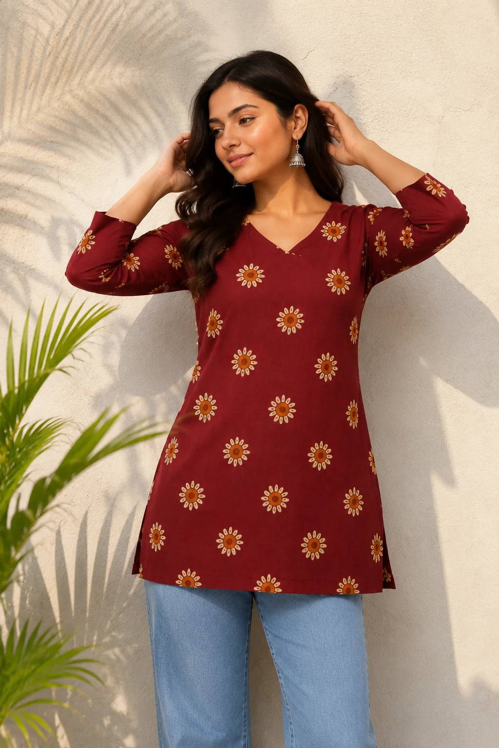 Maroon sunburst print pure cotton short kurti with V-neck and three-quarter sleeves — View 3