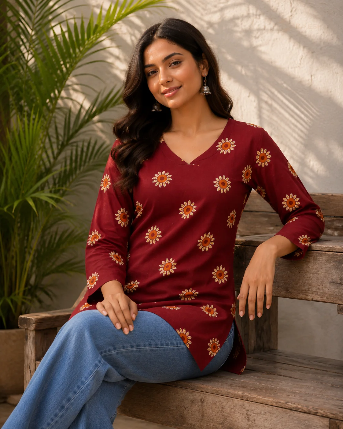 Maroon sunburst print pure cotton short kurti with V-neck and three-quarter sleeves — View 4