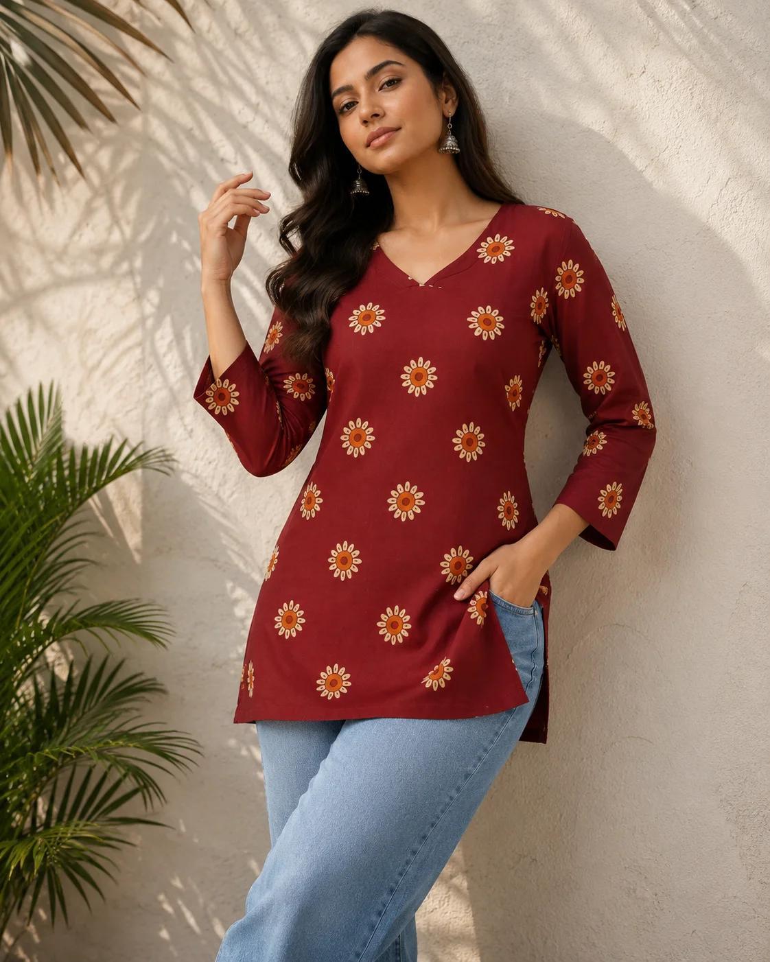 Maroon sunburst print pure cotton short kurti with V-neck and three-quarter sleeves