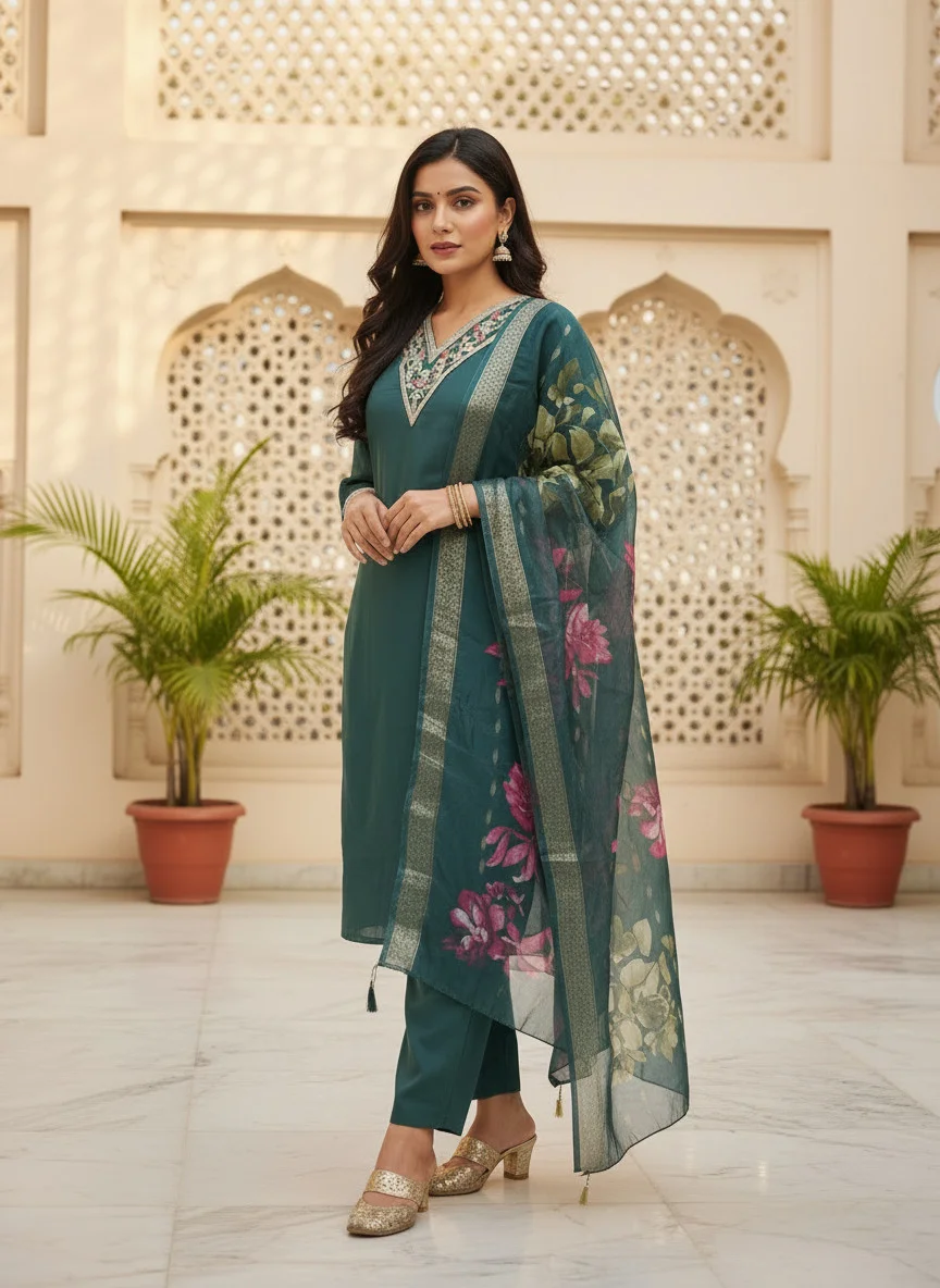 Woman wearing teal green cording embroidered 3 piece kurta set with matching trousers and floral organza dupatta — View 2
