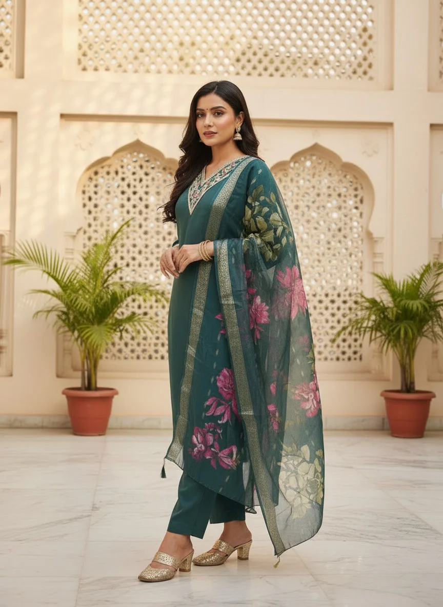 Woman wearing teal green cording embroidered 3 piece kurta set with matching trousers and floral organza dupatta — View 3