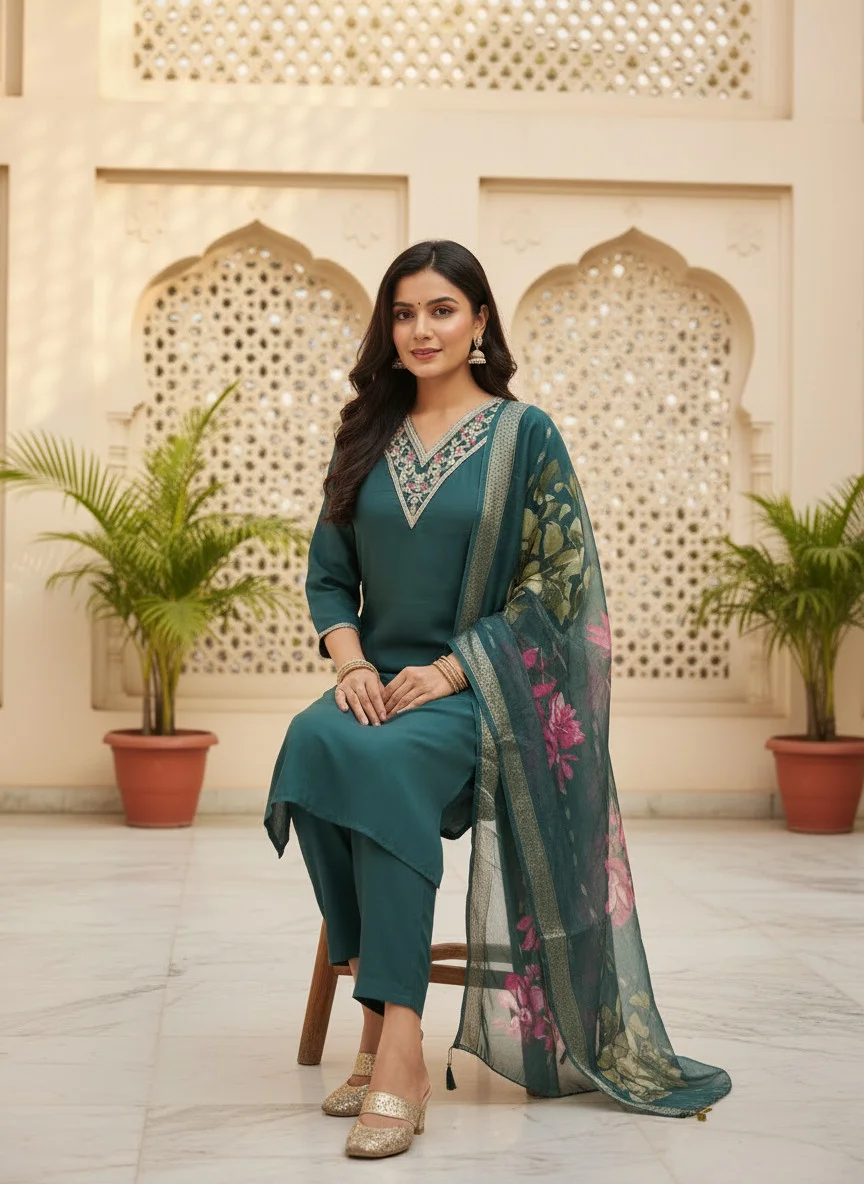 Woman wearing teal green cording embroidered 3 piece kurta set with matching trousers and floral organza dupatta — View 4