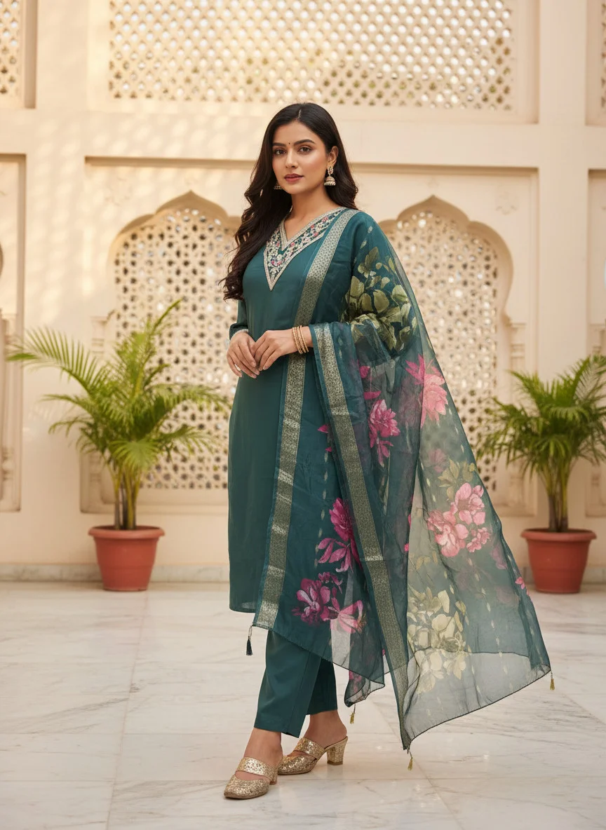 Woman wearing teal green cording embroidered 3 piece kurta set with matching trousers and floral organza dupatta — View 5