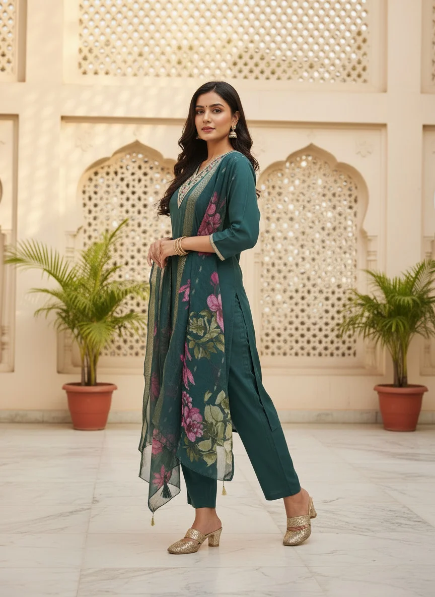 Woman wearing teal green cording embroidered 3 piece kurta set with matching trousers and floral organza dupatta — View 6